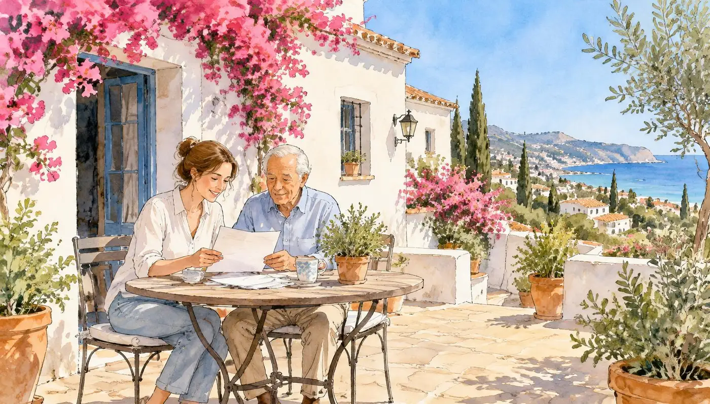 Tegning av datter og eldre far som går gjennom papirer på en terrasse i Spania