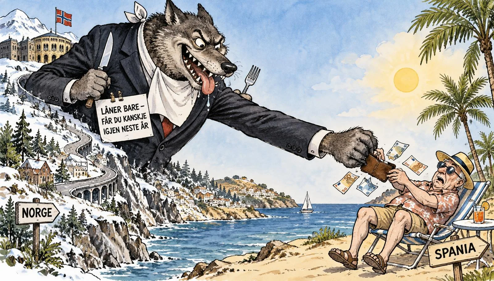 Karikatur: en grådig ulv i dress som forestiller staten, strekker seg fra Norge til Spania og river lommeboken fra en norsk pensjonist.