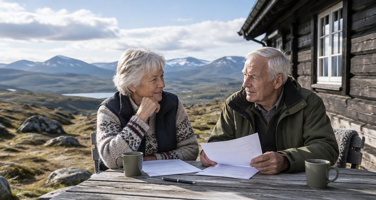 Eldre ektepar diskuterer arv og testament på terrassen på hytta i fjellet